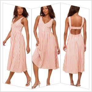 Lulus Sun-Kissed Cutie Orange Striped Backless Midi 100% Cotton Dress Size S